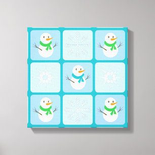 Winter geruit patroon sneeuwman en sneeuwvlokken canvas afdruk