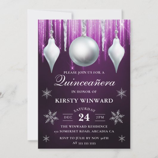 Winter Glass Baubles & Snowflakes Quinceanera Kaart (Voorkant)