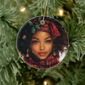 Winter Glow Afrocentrische Koningin – Vakantiekuns Keramisch Ornament