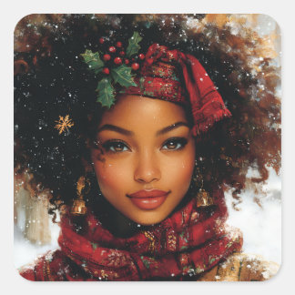 Winter Glow Afrocentrische Koningin – Vakantiekuns Vierkante Sticker