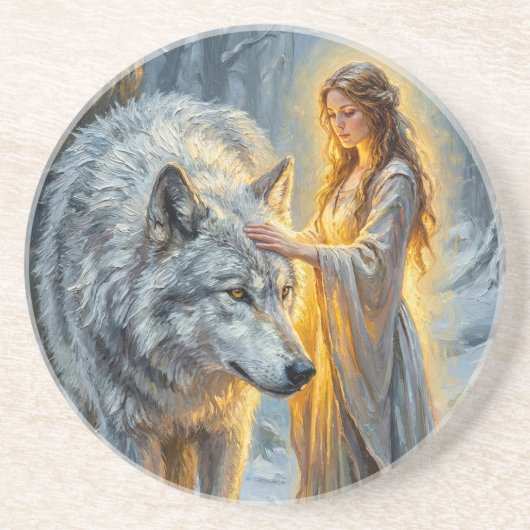 Winter Goddess & White Wolf Zandsteen Onderzetter (Voorkant)