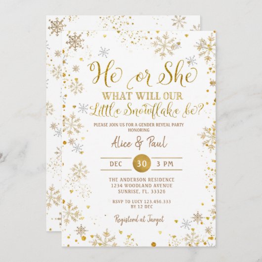 Winter Gold Hij of zij Gender Reveal Party Kaart (Voorkant / Achterkant)
