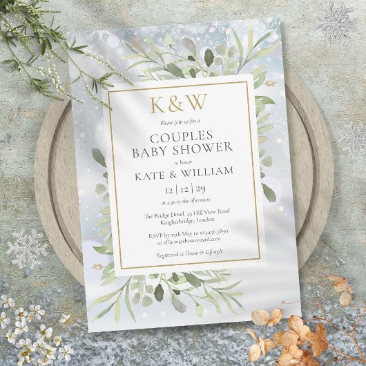 Winter Gold Monogram Greenery Couples Baby shower Kaart