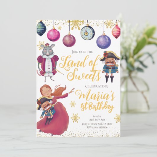 Winter Gold Nutcracker Anniversaire Invitation (Debout devant)