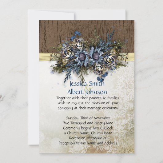 Winter Gold Ribbon Blue Floral Wedding Invitation (Devant)