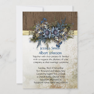 Winter Gold Ribbon Blue Floral Wedding Invitation