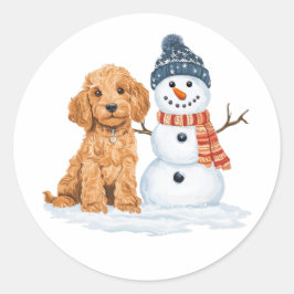 Winter Goldendoodle Dog Cute Snowman Ronde Sticker