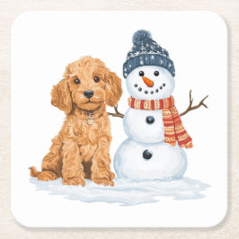 Winter Goldendoodle Dog Cute Snowman Vierkante Kartonnen Onderzetter