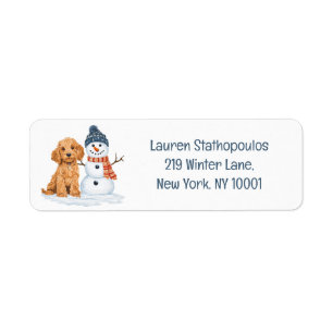 Winter Goldendoodle Hond Schattige Sneeuwman Etiket