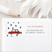 Winter grappige rode auto moderne sneeuw vakantie  etiket (Insitu)