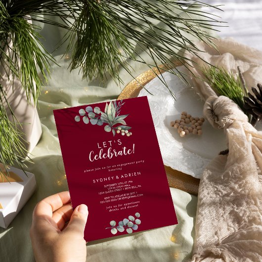 Winter Greenery Burgundy Let's Celebrate Party Kaart