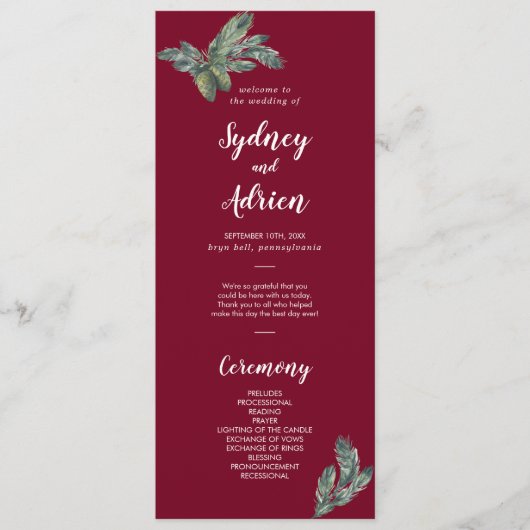Winter Greenery Burgundy Wedding Programme Programma (Voorkant)