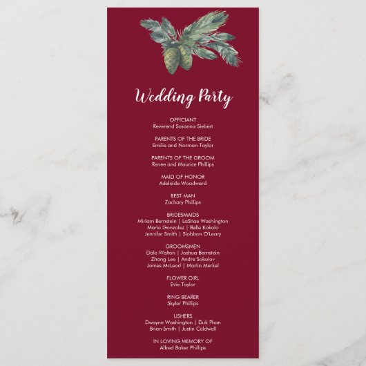 Winter Greenery Burgundy Wedding Programme Programma (Achterkant)