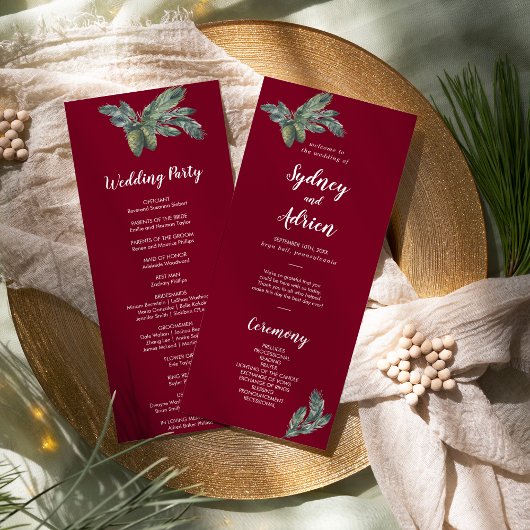 Winter Greenery Burgundy Wedding Programme Programma