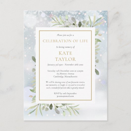 Winter Greenery Celebration of Life Funeral Aankondigingskaart (Voorkant)