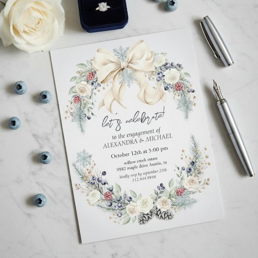 Winter Greenery Elegant Engagement Invitation Kaart