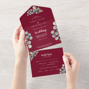 Winter Greenery Eucalyptus Burgundy Wedding All In One Uitnodiging
