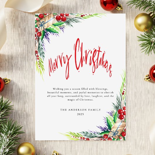 Winter Greenery Foliage Red Script Vrolijk Kerstfe Feestdagenkaart