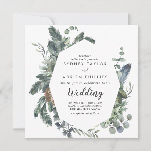Winter Greenery Front en Back Wedding Invitation Kaart (Voorkant)