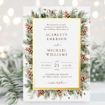 Winter Greenery Gold Foil Mariage Invitations<br><div class="desc">Ce véritable faire-part de mariage de vacances d'hiver en feuille d'or présente une aquarelle peinte à la main et des pinecones disposés comme un beau cadre. Le texte est brun et l'arrière - plan blanc. Le fond comprend un élégant bouquet assorti. Trouvez les articles correspondants dans la collection Vacances de...</div>