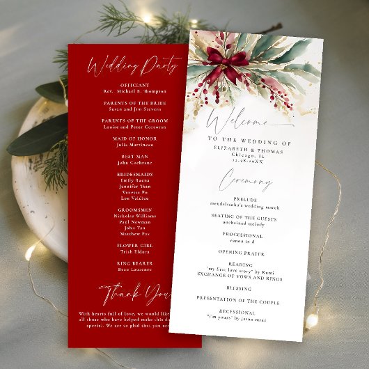 Winter Greenery Kerst Red Bow Wedding Programma
