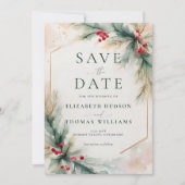 Winter Greenery Kerst Rood Elegante bruiloft Save The Date (Voorkant)