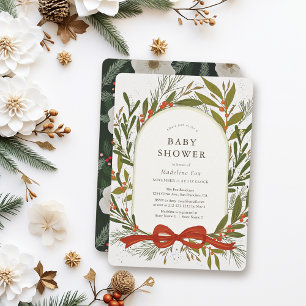 Winter Greenery Krans Red Bow Girl Baby shower Kaart
