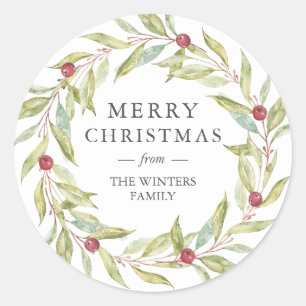 Winter Greenery Leaves Berries Wreate Kerstmis Ronde Sticker