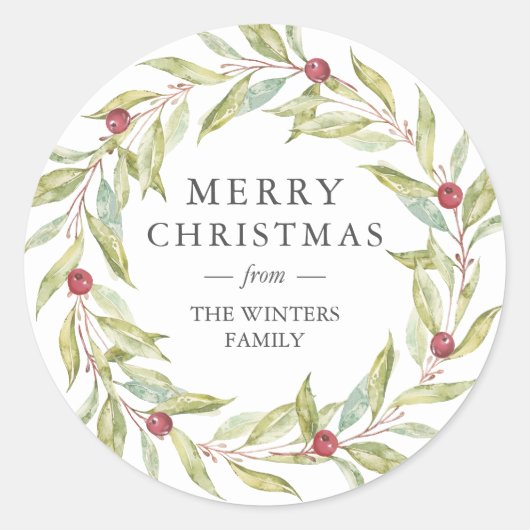 Winter Greenery Leaves Berries Wreate Kerstmis Ronde Sticker (Voorkant)