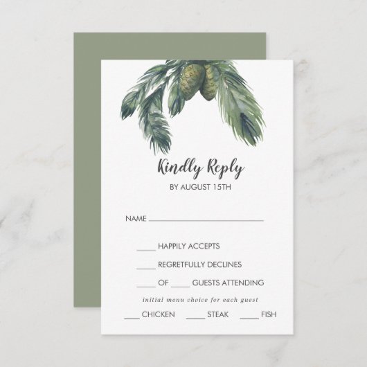 Winter Greenery Menu Choice Wedding RSVP Card (Voorkant / Achterkant)
