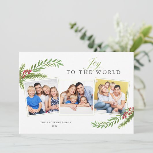 Winter Greenery minimal 3 Foto's aan de wereld Feestdagenkaart (Staand voorkant)