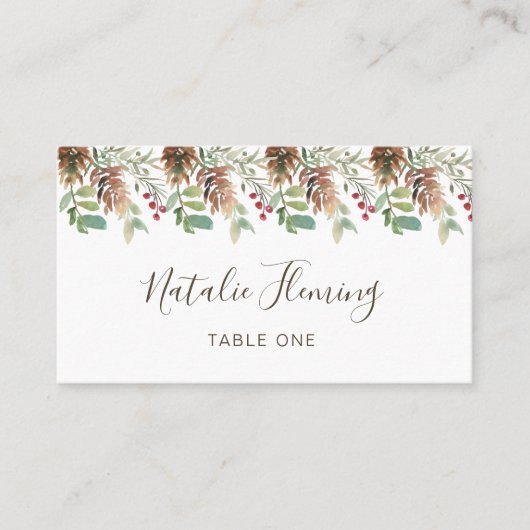 Winter Greenery Pine Red Berry Wedding Plaatskaartje (Voorkant)