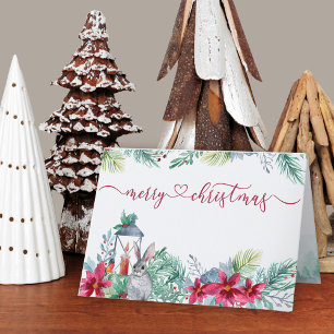Winter Greenery Poinsettia en Rabbit Waterverf Feestdagen Kaart