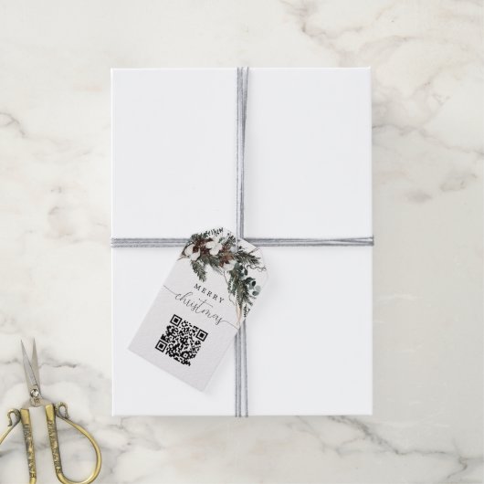 Winter Greenery QR Code Kerstmis Cadeaulabel (Met Touw)