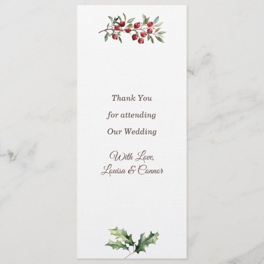 Winter Greenery Red Berry Menu Mariage (Dos)