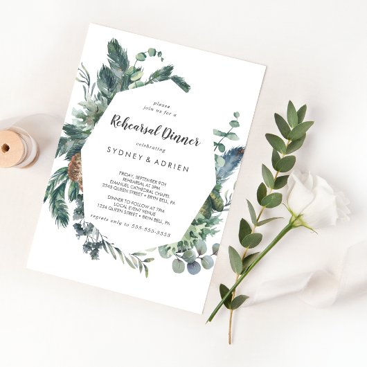 Winter Greenery Rehearsal Dinner Invitation Kaart