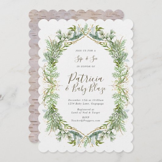 Winter Greenery Sip en Zie uitnodiging (Voorkant / Achterkant)