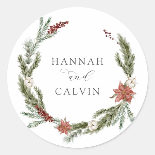 Winter Greenery Wedding Classic Round Sticker (Voorkant)