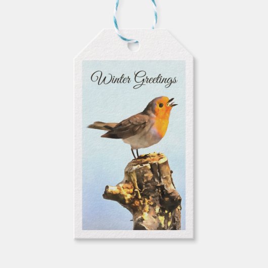 Winter Greetings. Robin singing Cadeaulabel (Voorkant)