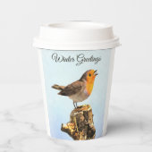 Winter Greetings. Robin singing  Papieren Bekers (Achterkant)