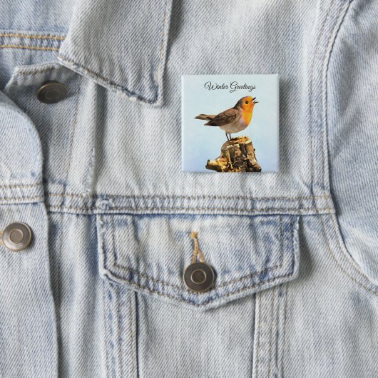 Winter Greetings. Robin singing Vierkante Button 5,1 Cm (In situ)