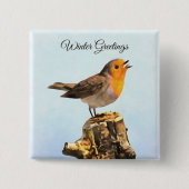 Winter Greetings. Robin singing Vierkante Button 5,1 Cm (Voorkant)