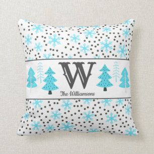 Winter Grey Blauwgroen Trees Snowflakes Stippen Mo Kussen