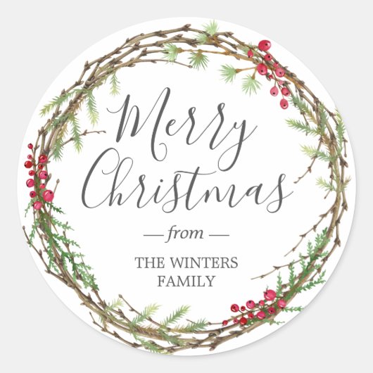 Winter groen blad bessen krans Kerstmis Ronde Sticker (Voorkant)