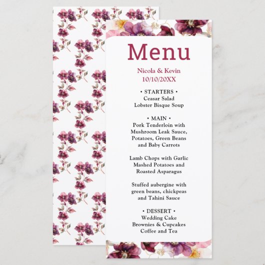 Winter Hellebore Floral Burgundy Wedding Menu (Devant / Derrière)
