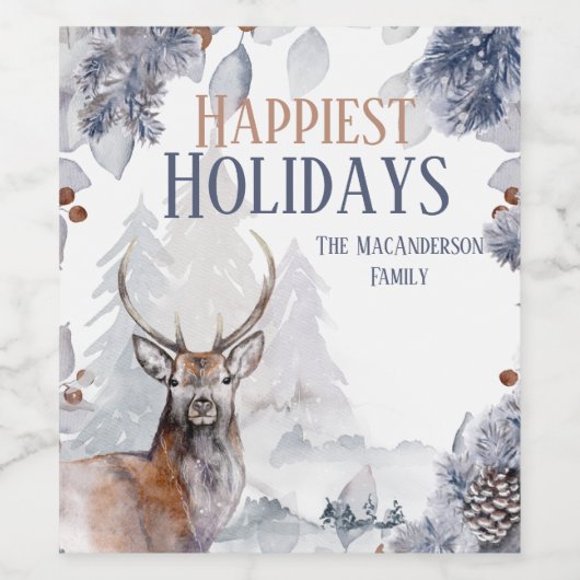 Winter hert uil bos sneeuwbos schilderachtig wijn etiket (Enkel label)