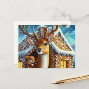 Winter Hertengezin in Gemberkoekhuis Ansichtkaart Briefkaart