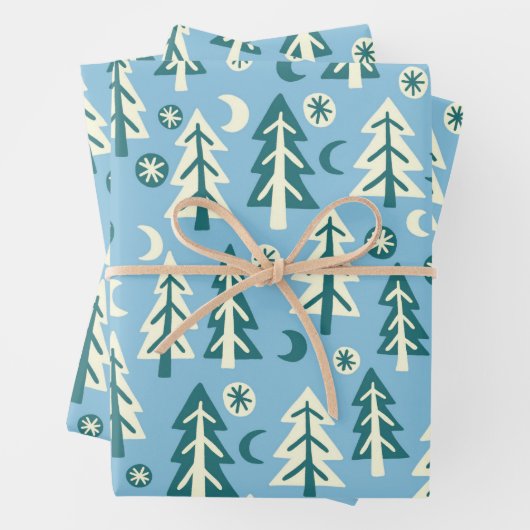 Winter Holiday Blue Green Trees Pattern Gift Inpakpapier Vel (In situ)