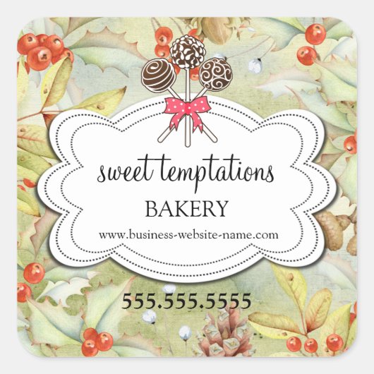 Winter Holiday Holly Cake Poppen Bakery Packaging Vierkante Sticker (Voorkant)