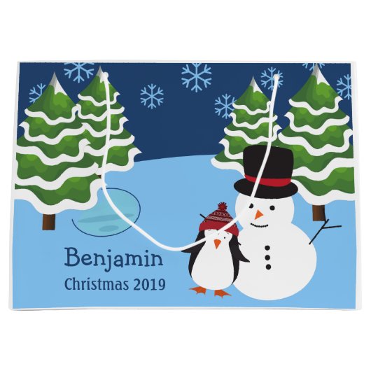 Winter Holiday Penguin en Snowman Kerstmis Groot Cadeauzakje (Voorkant)